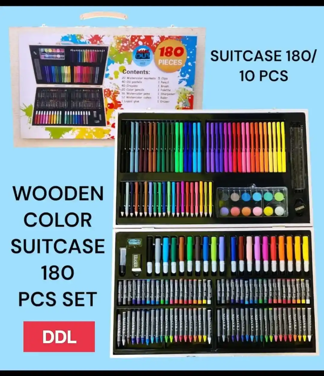 Complete wooden suitcase art set with watercolors, pastels, crayons, markers and craft tools