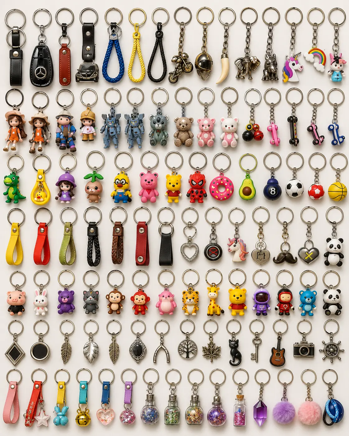 Wide variety of colourful character, leather and metal keychains