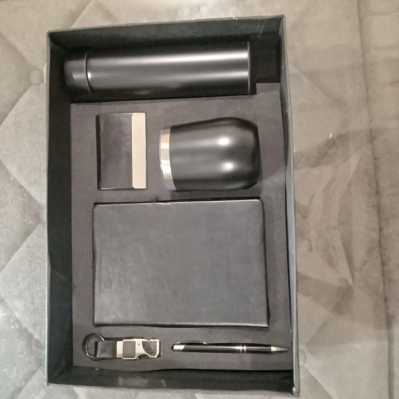 Black office gift set with insulated bottle, diary, tumbler, pen and keychain