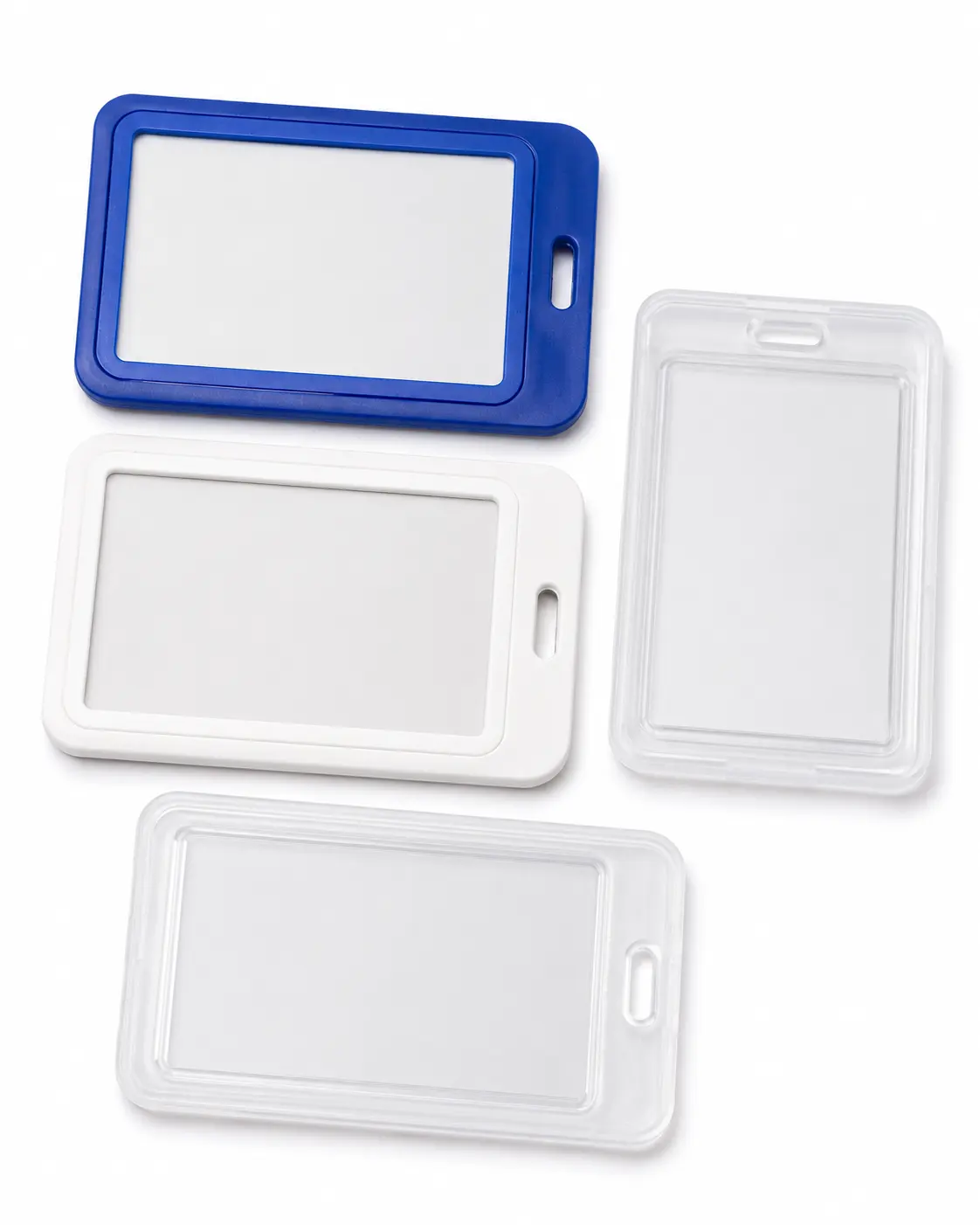 Blue, white and clear ID card holder styles for school and office use